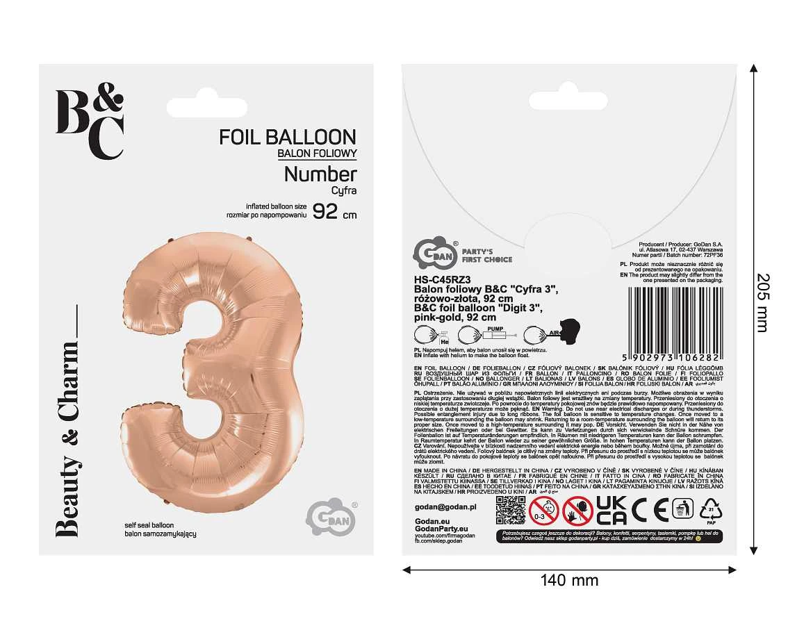 Balon foliowy B&C "Cyfra 3", różowo-złota, 92 cm KK