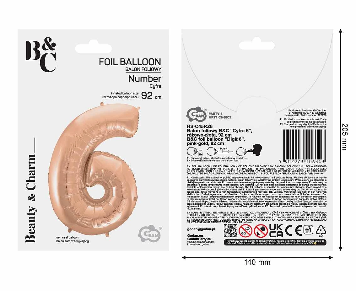 Balon foliowy B&C "Cyfra 6", różowo-złota, 92 cm KK