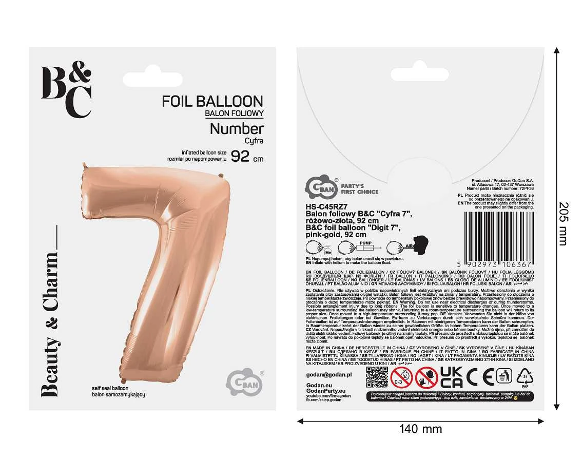 Balon foliowy B&C "Cyfra 7", różowo-złota, 92 cm KK
