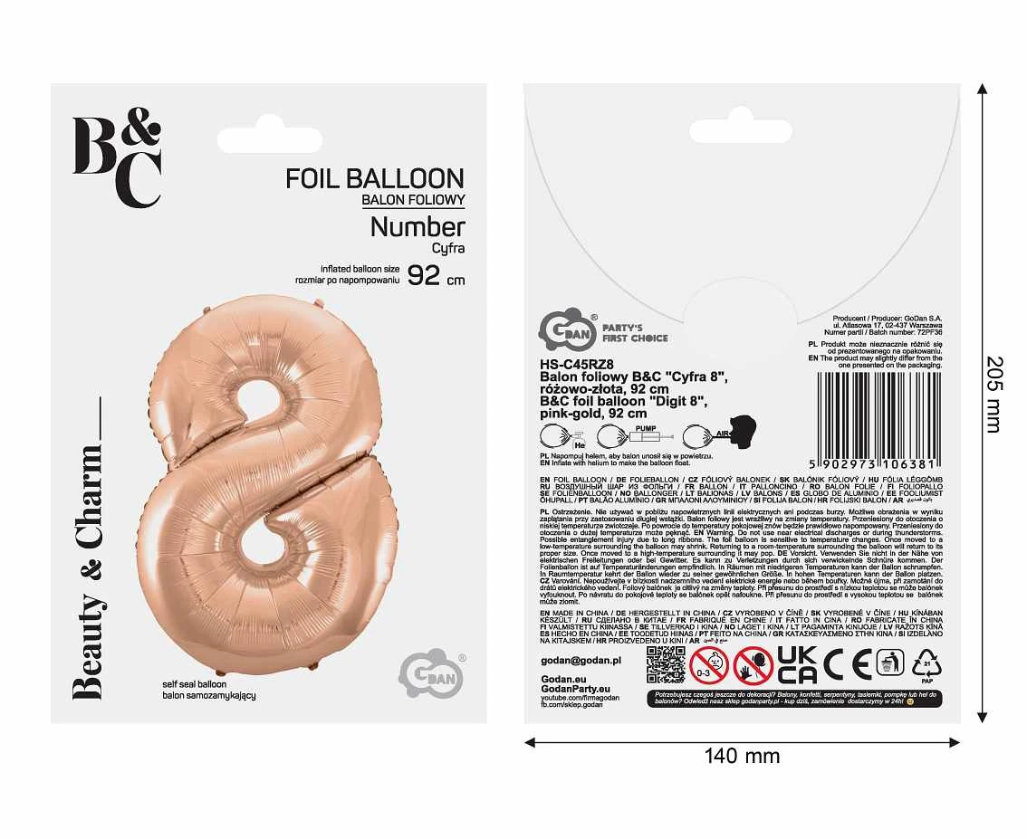 Balon foliowy B&C "Cyfra 8", różowo-złota, 92 cm KK
