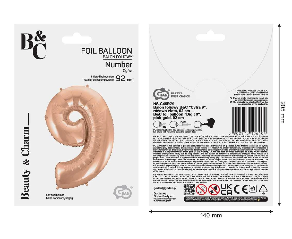 Balon foliowy B&C "Cyfra 9", różowo-złota, 92 cm KK