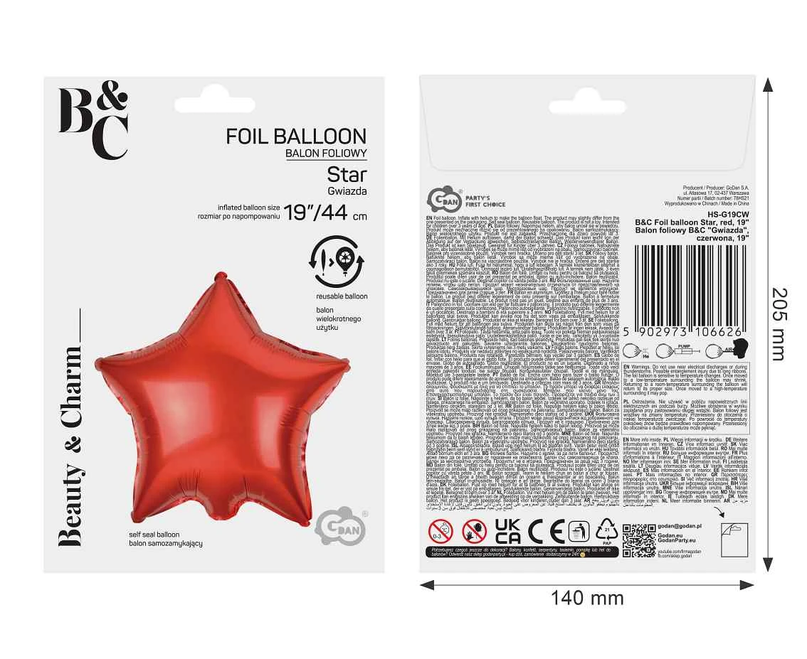 Balon foliowy B&C "Gwiazda", czerwona, 19"