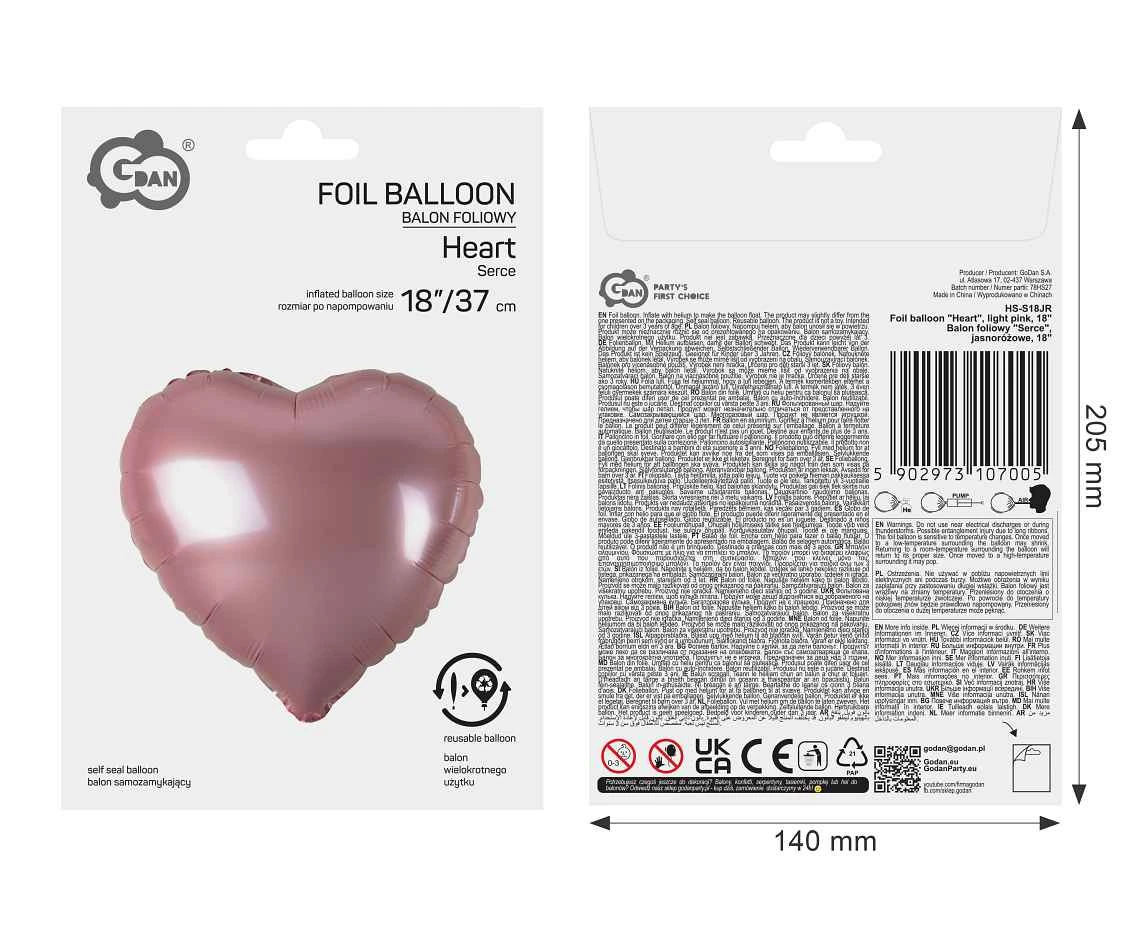 Balon foliowy "Serce", jasnoróżowe, 18" AA