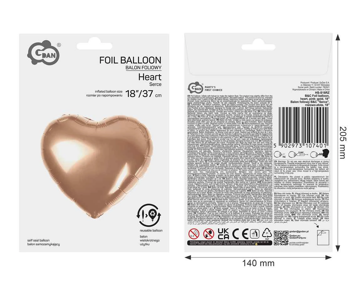 Balon foliowy B&C Serce, różowo-złote, 18 cali AA