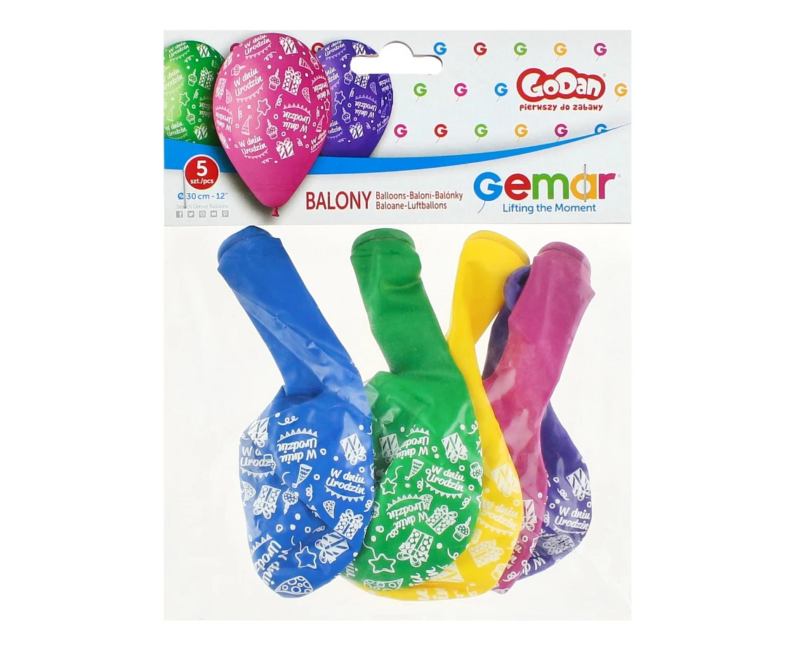 Balony Gemar 12", pastel premium "w dniu urodzin", kolorowe, 5szt.