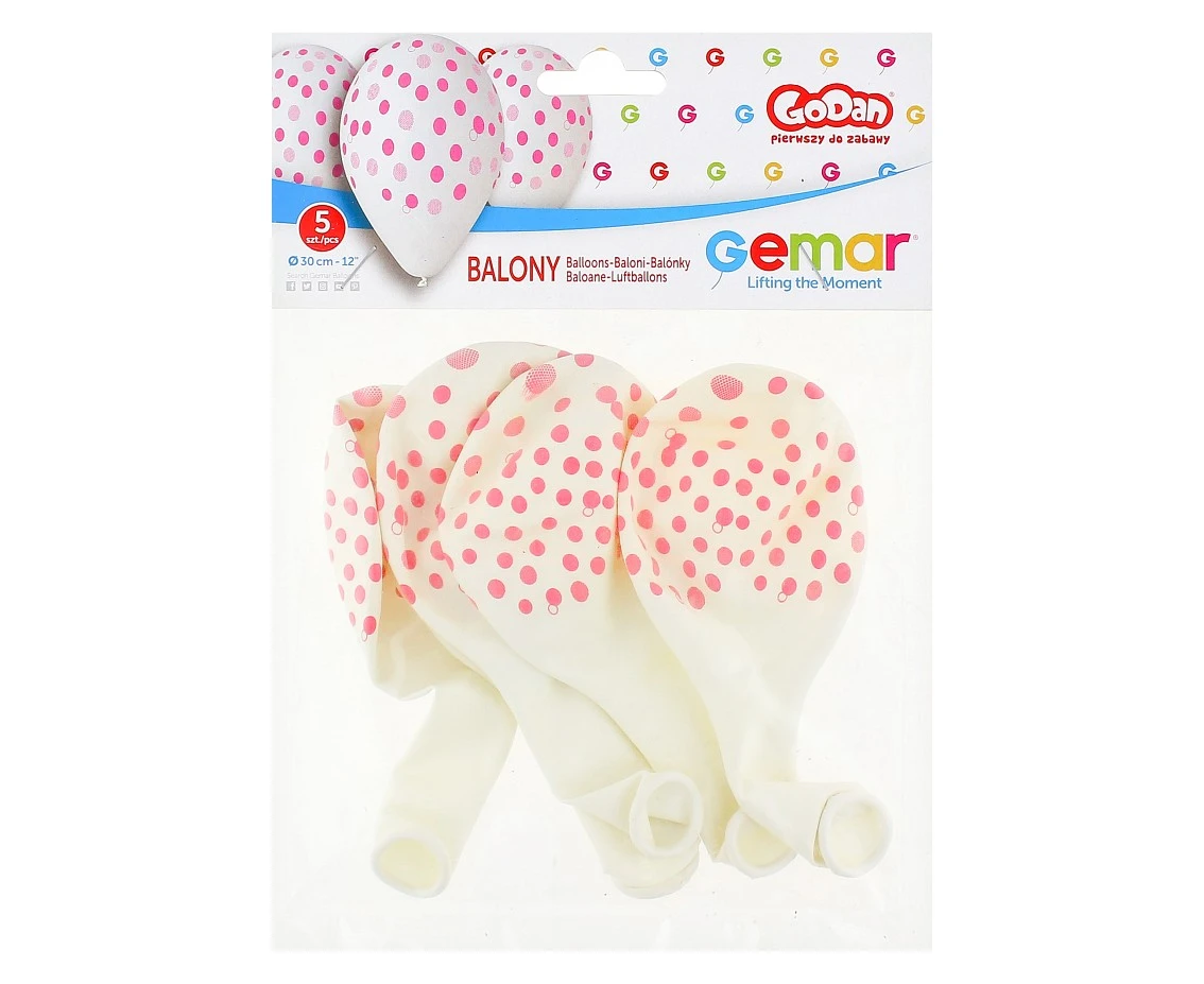 Balony Gemar 12", pastel premium różowe groszki, 5szt.
