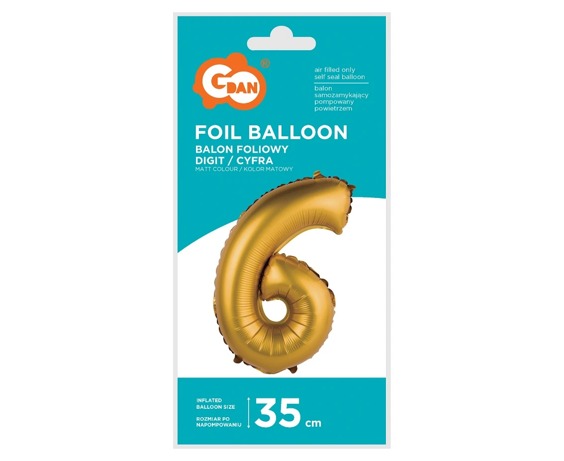 Balon foliowy "Cyfra 6", złota, matowa, 35 cm KK