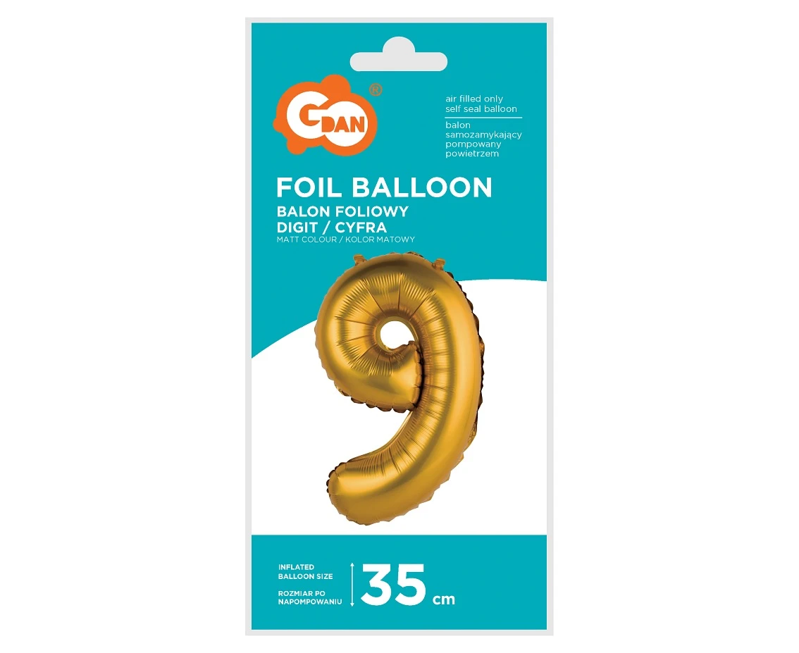 Balon foliowy "Cyfra 9", złota, matowa, 35 cm KK