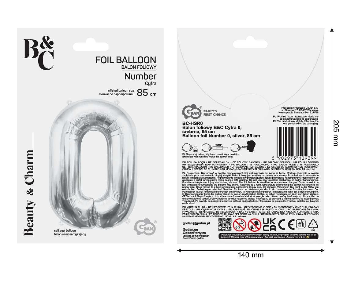 Balon foliowy B&C Cyfra 0, srebrna, 85 cm
