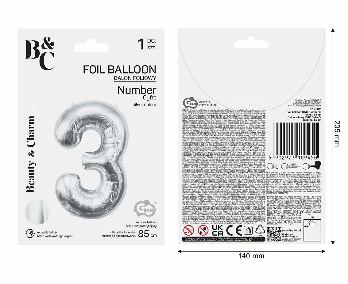 Balon foliowy B&C Cyfra 3, srebrna, 85 cm