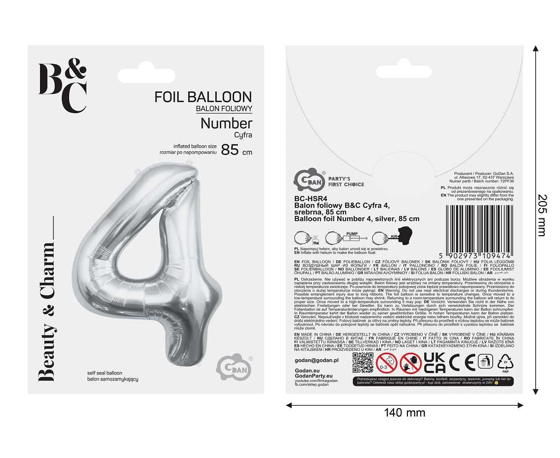 Balon foliowy B&C Cyfra 4, srebrna, 85 cm