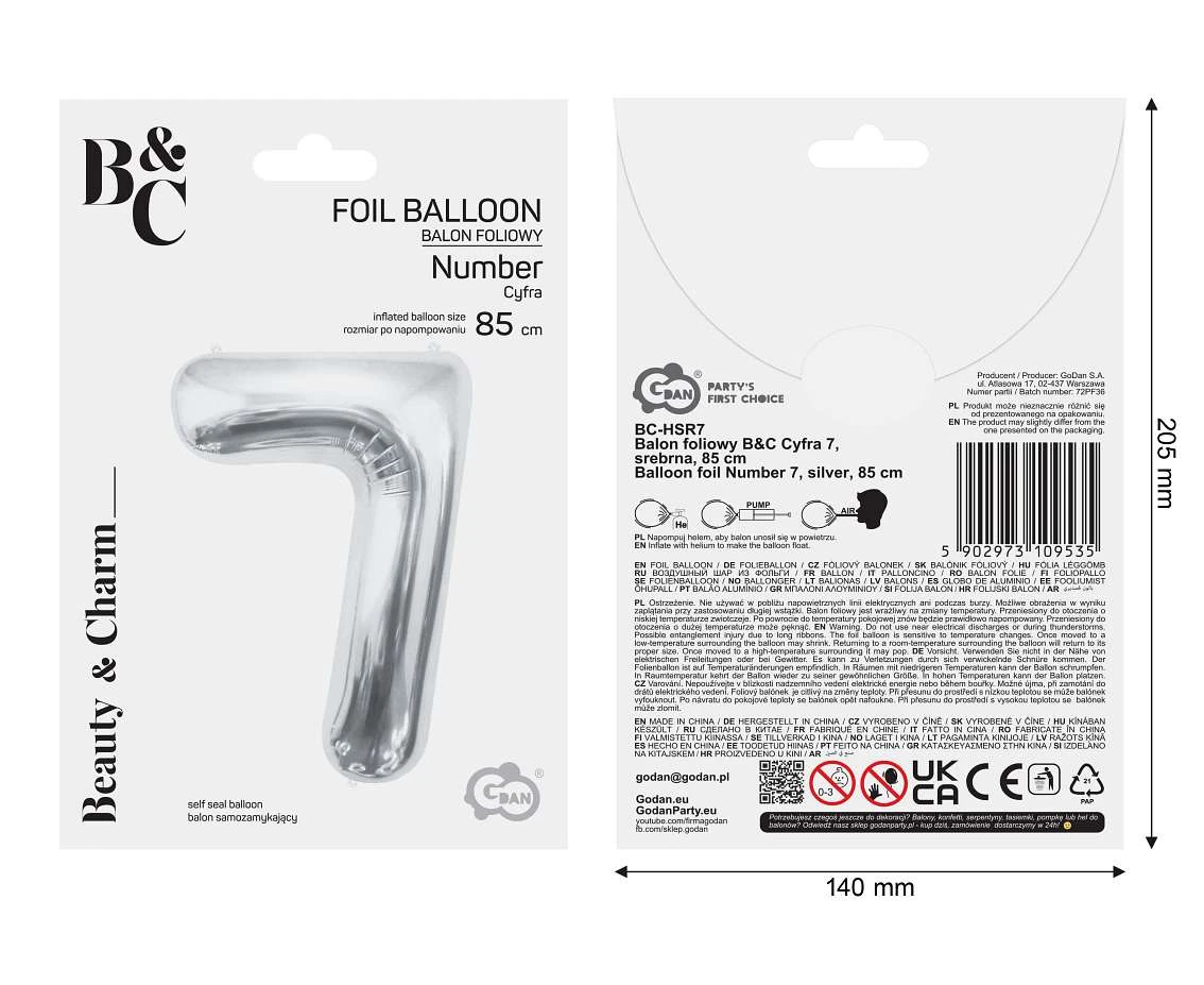 Balon foliowy B&C Cyfra 7, srebrna, 85 cm