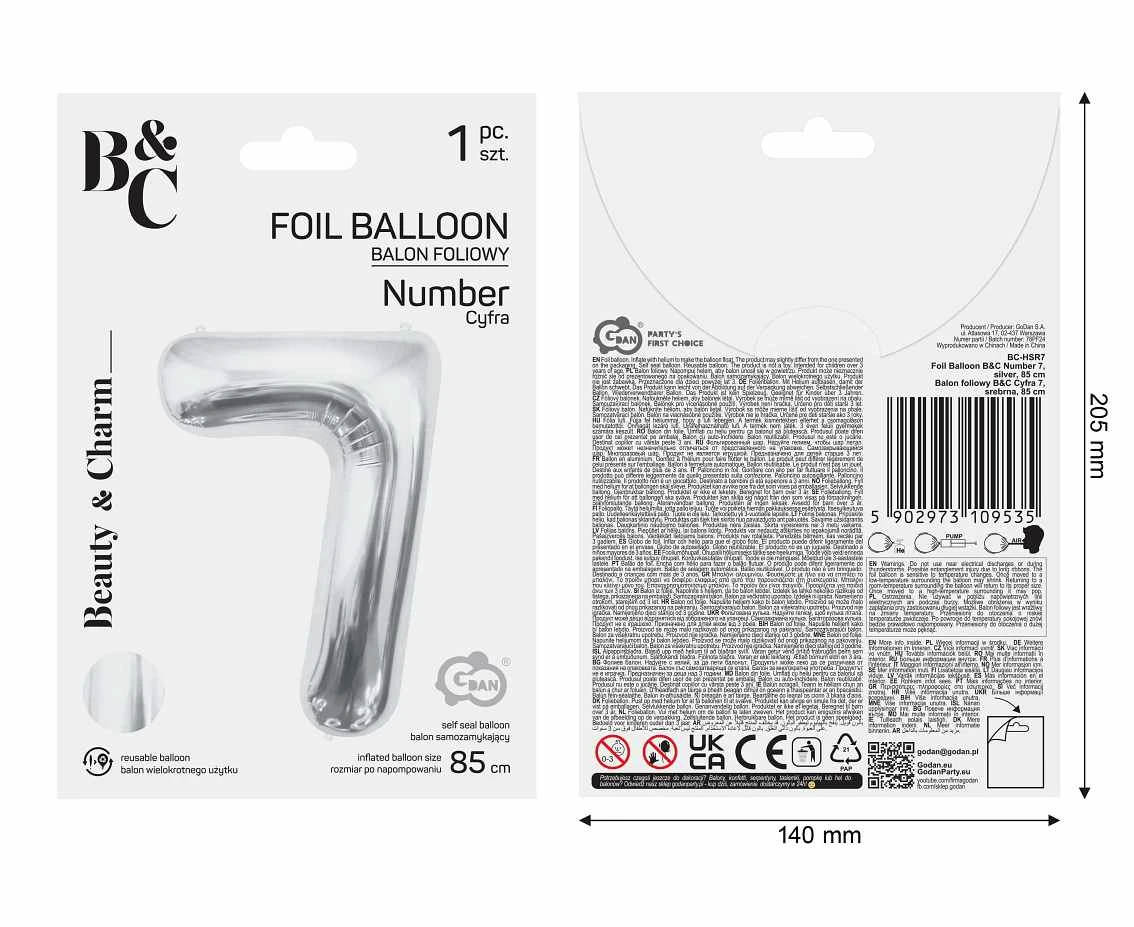 Balon foliowy B&C Cyfra 7, srebrna, 85 cm