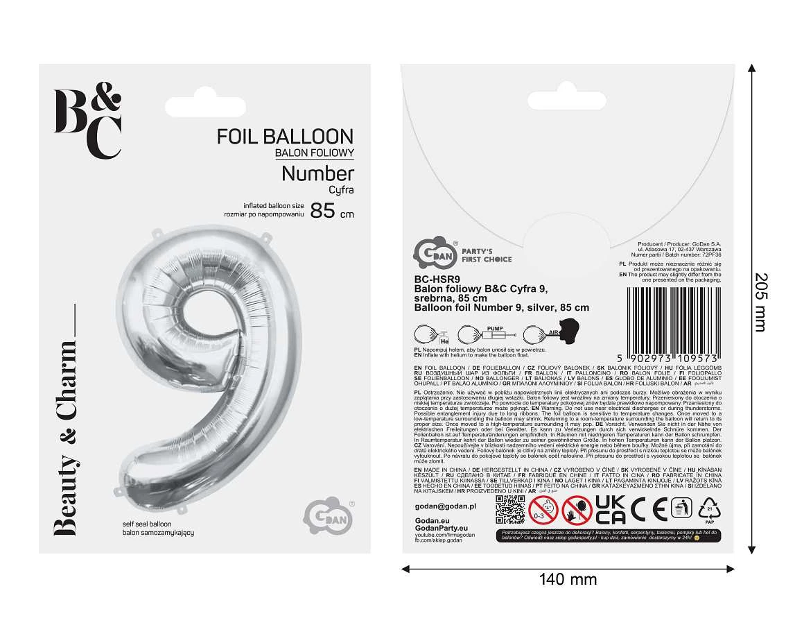 Balon foliowy B&C Cyfra 9, srebrna, 85 cm