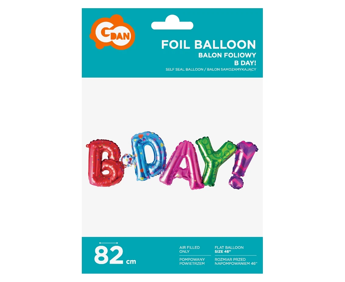 Balon foliowy "Napis B DAY", kolorowy, 82 cm KK