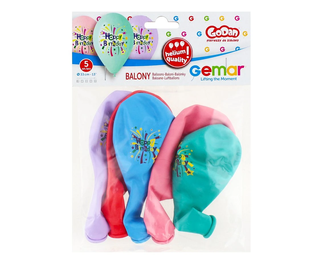 Balony Gemar 13", pastel premium hel "happy birthday", 5szt.