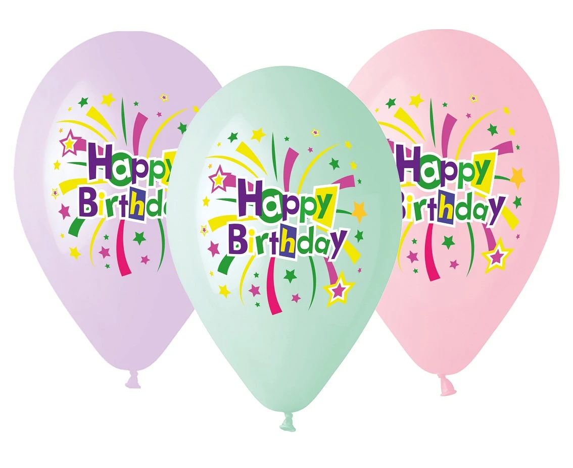 Balony Gemar 13", pastel premium hel "happy birthday", 5szt.