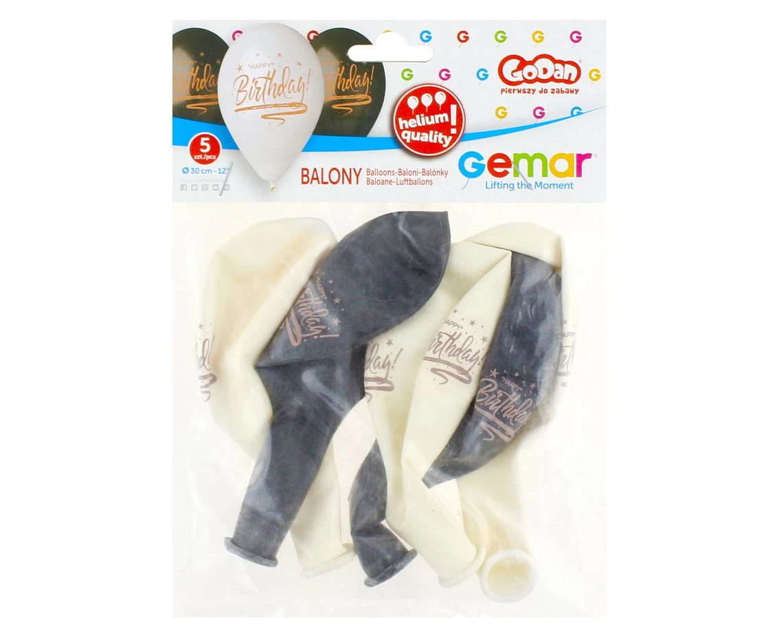 Balony Gemar 13", premium hel happy birthday, białe i czarne, metalik, 5szt.