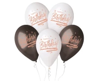 Balony Gemar 13", premium hel happy birthday, białe i czarne, metalik, 5szt.