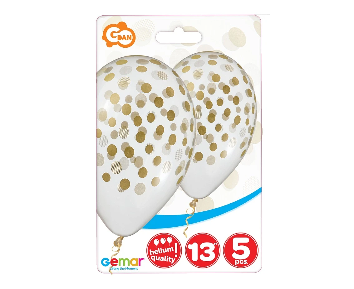 Balony Gemar 13", pastel premium hel "konfetti złote", transparentne, 5szt.