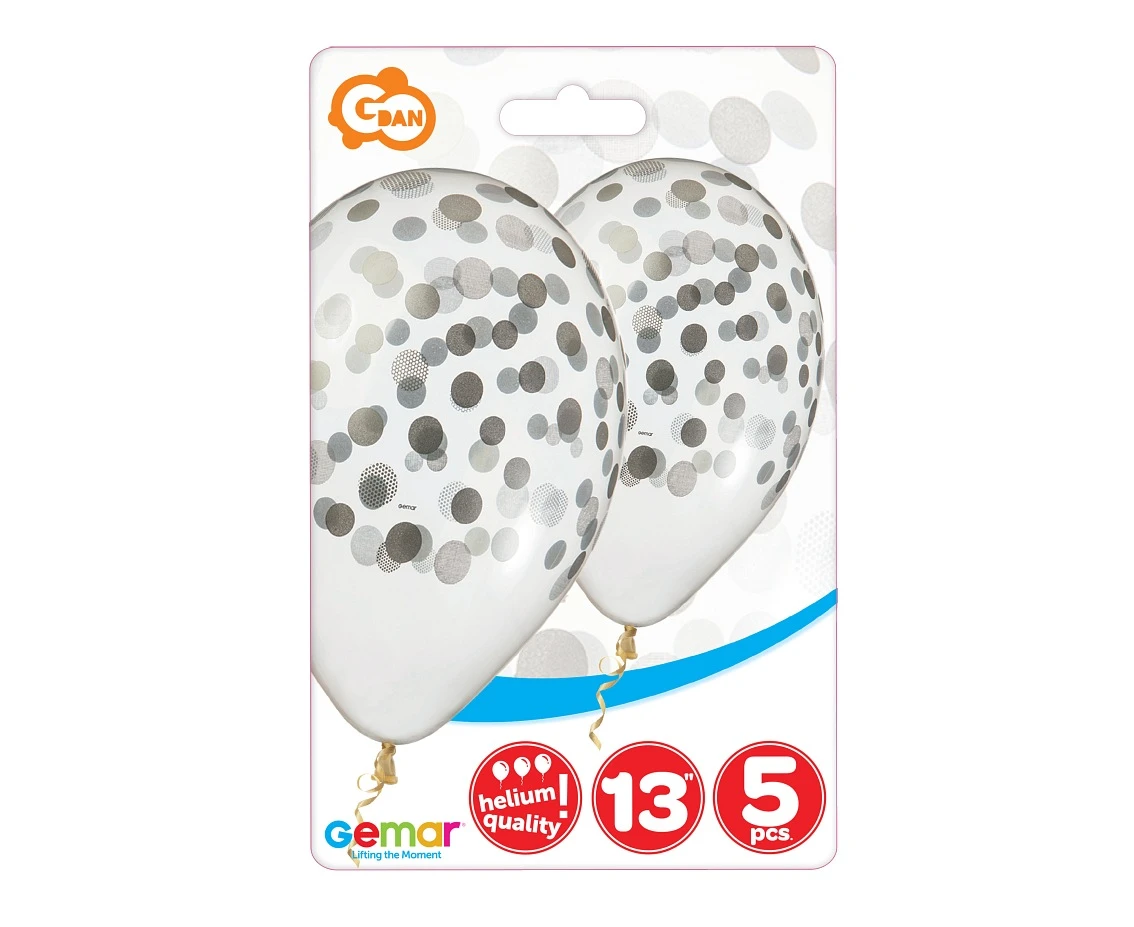Balony Gemar 13", pastel premium hel "konfetti srebrne", transparentne, 5szt.