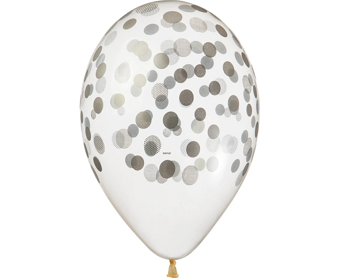 Balony Gemar 13", pastel premium hel "konfetti srebrne", transparentne, 5szt.