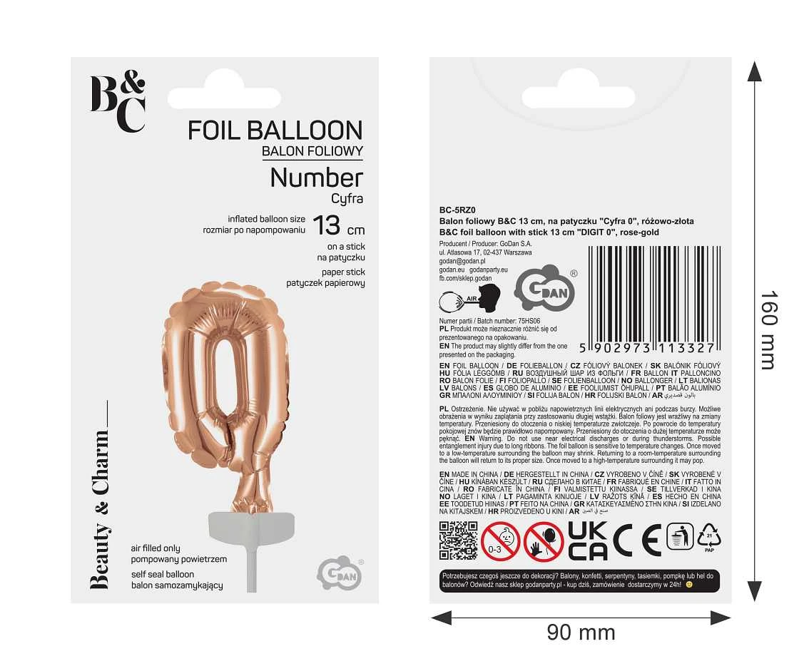 Balon foliowy B&C 13 cm na patyczku "Cyfra 0", różowo-złota