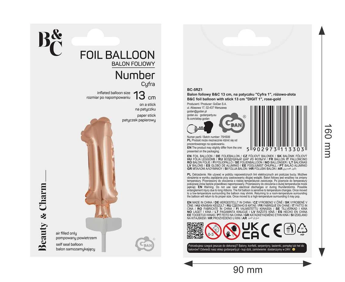Balon foliowy B&C 13 cm na patyczku "Cyfra 1", różowo-złota