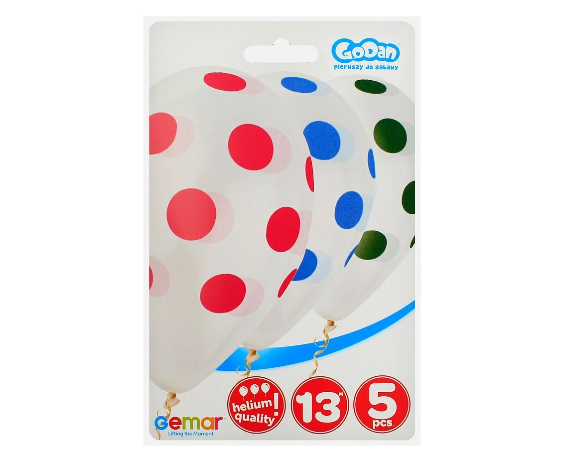 Balony Gemar 13", pastel premium hel "kolorowe grochy", transparentne, 5szt. KK