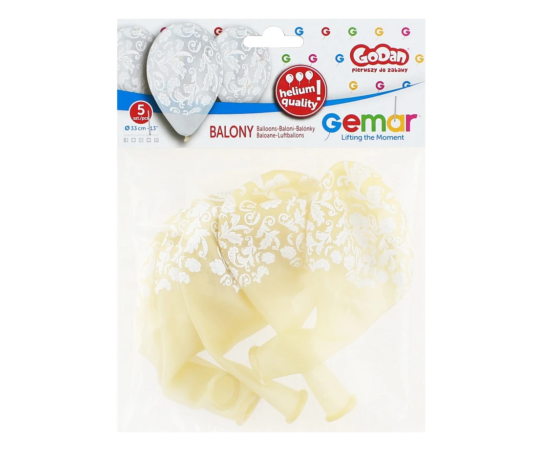 Balony Gemar 13", pastel premium hel "witrażowe liście", transparentne, 5szt. KK