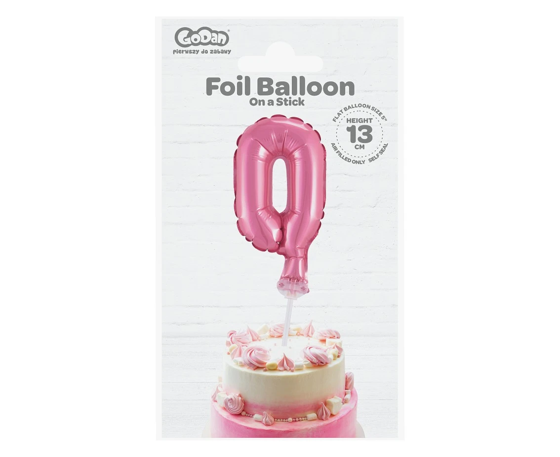Balon foliowy 13 cm na patyczku "Cyfra 0", różowa KK