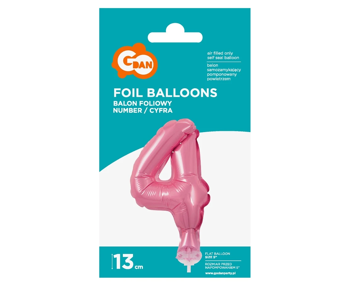 Balon foliowy 13 cm na patyczku "Cyfra 4", różowa KK