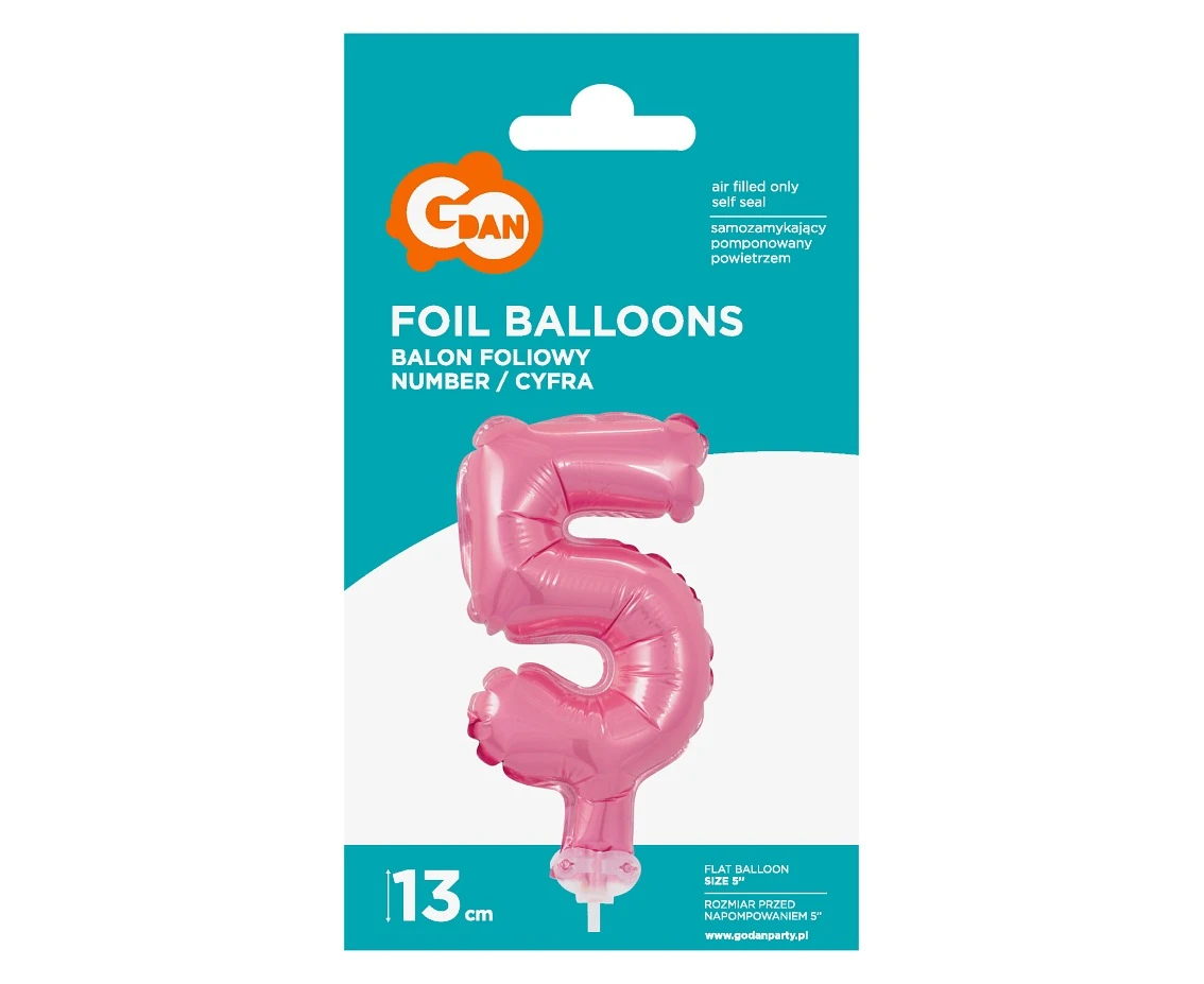 Balon foliowy 13 cm na patyczku "Cyfra 5", różowa KK