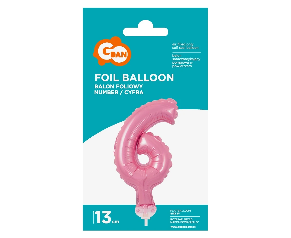 Balon foliowy 13 cm na patyczku "Cyfra 6", różowa KK