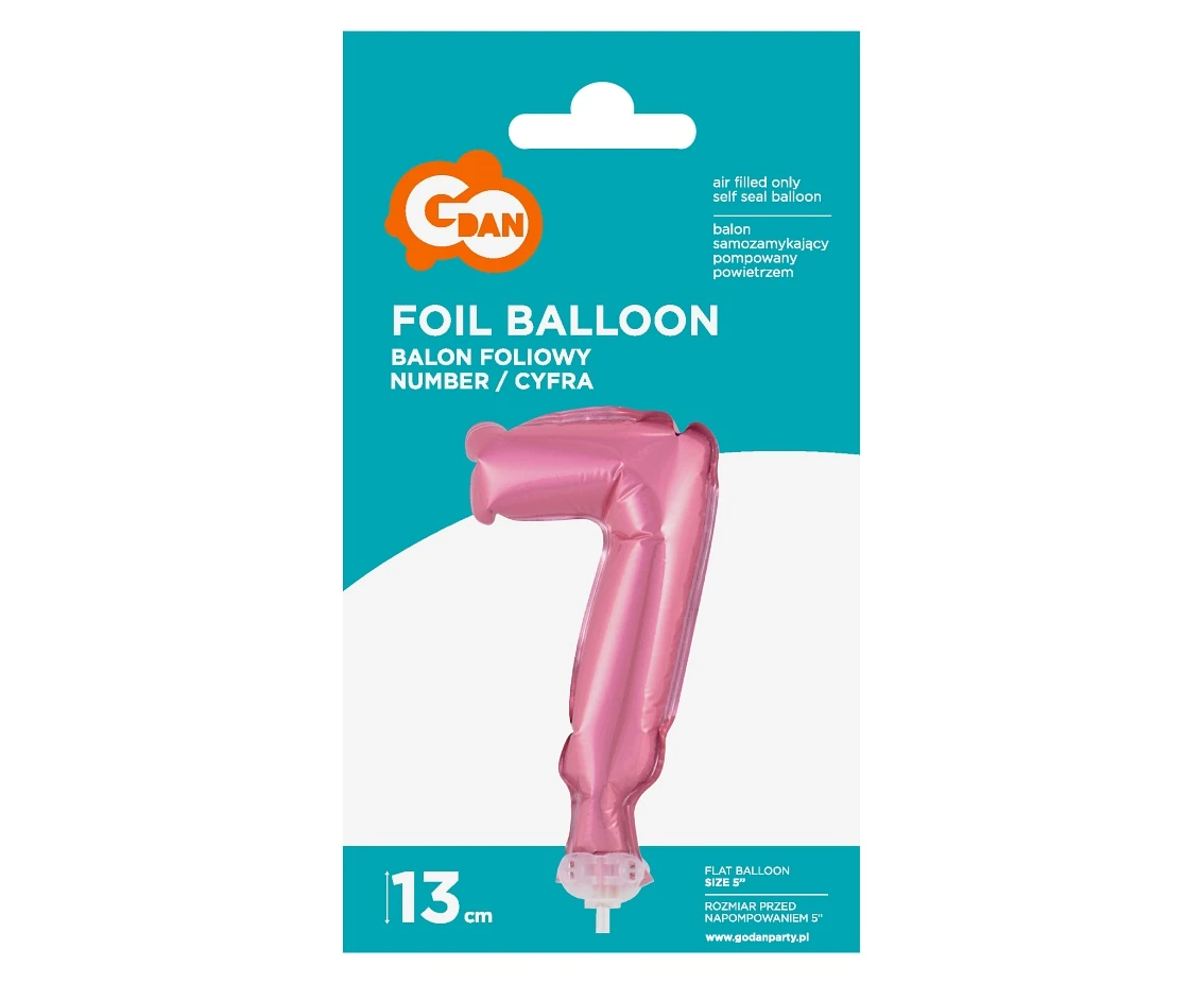 Balon foliowy 13 cm na patyczku "Cyfra 7", różowa KK