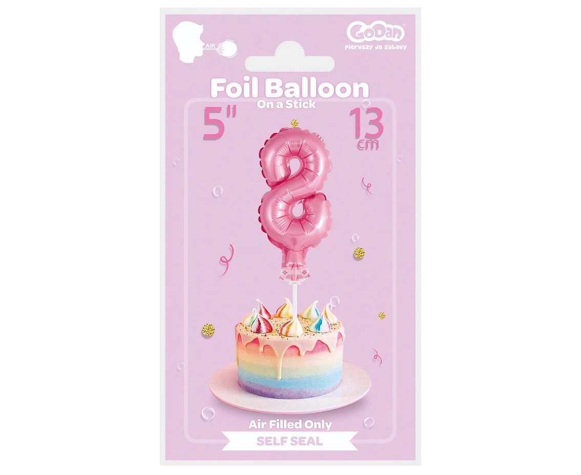 Balon foliowy 13 cm na patyczku "Cyfra 8", różowa KK