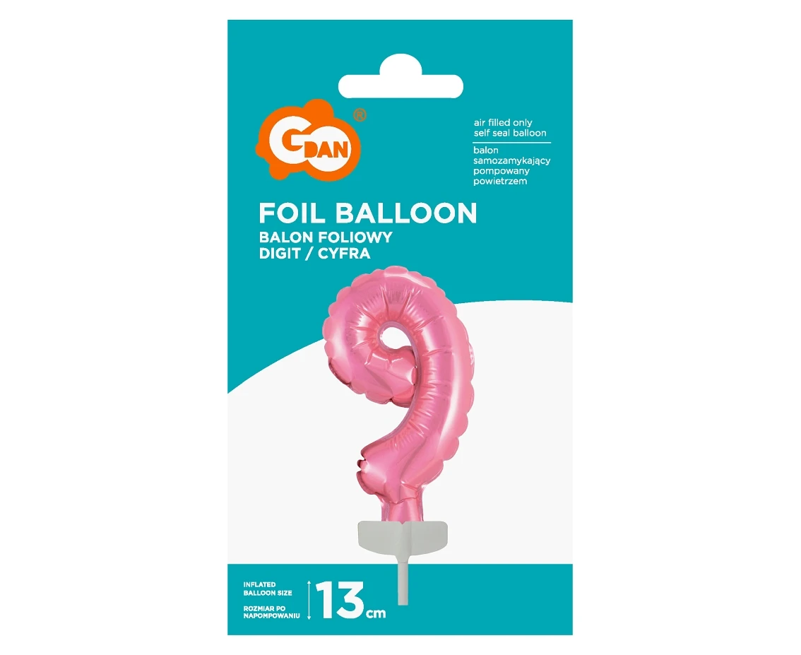 Balon foliowy 13 cm na patyczku "Cyfra 9", różowa KK