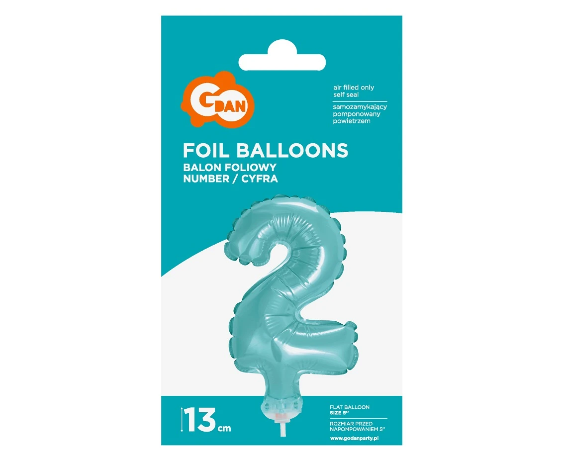 Balon foliowy 13 cm na patyczku "Cyfra 2", błękitna KK