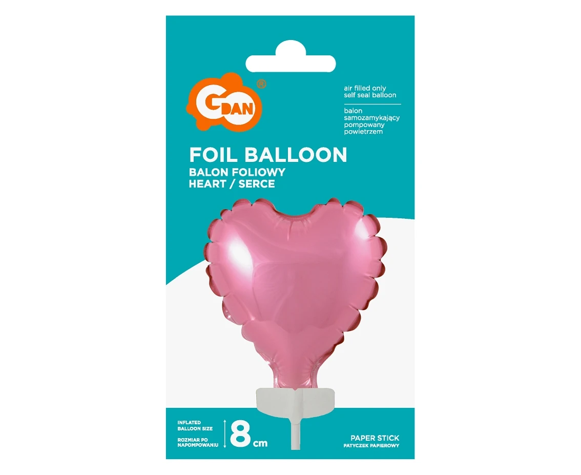 Balon foliowy 8 cm serce na patyczku, różowe KK