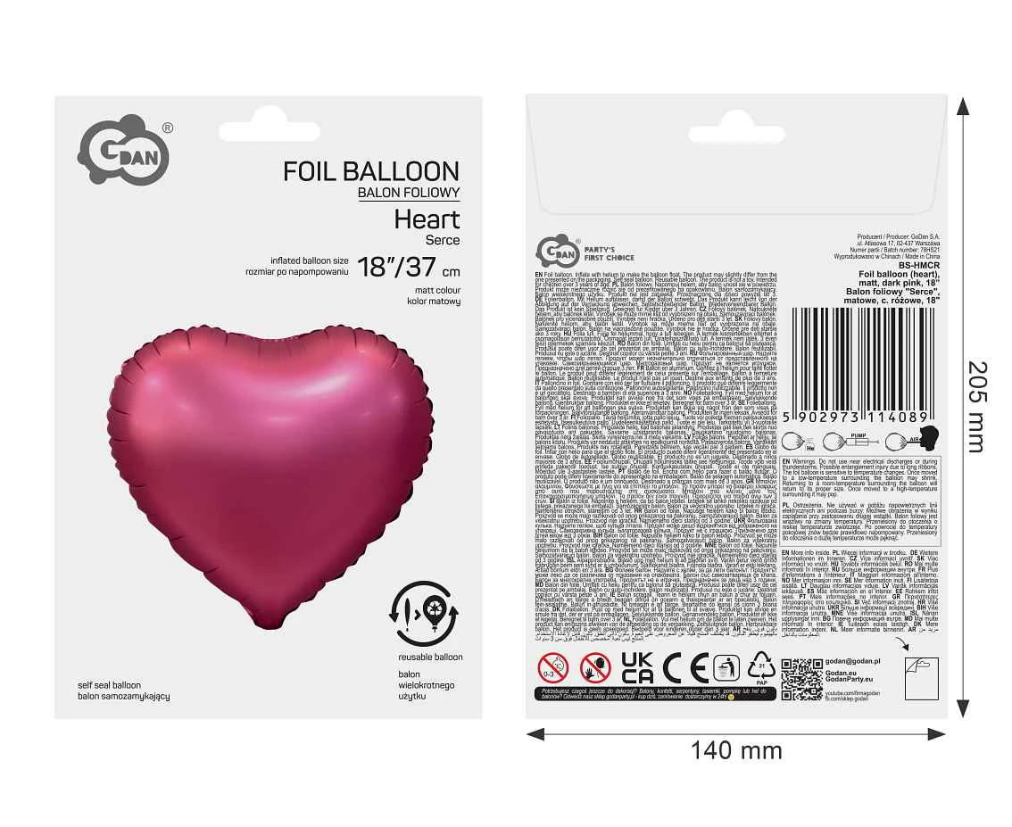 Balon foliowy "Serce", matowe, c. różowe, 18"
