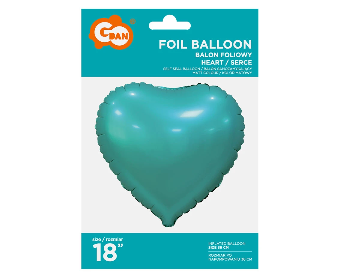 Balon foliowy "Serce", matowe, turkusowe, 18" KK