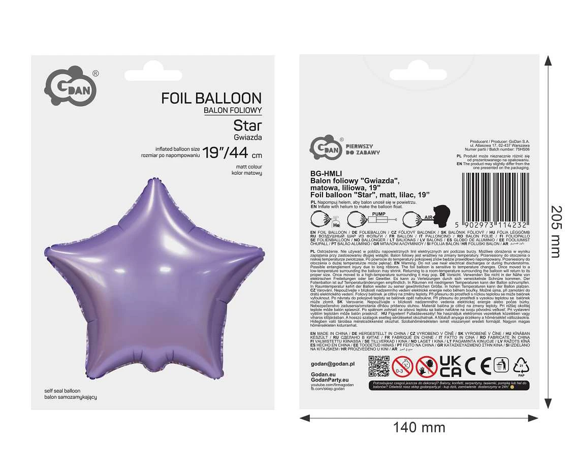 Balon foliowy "Gwiazda", matowa, liliowa, 19"