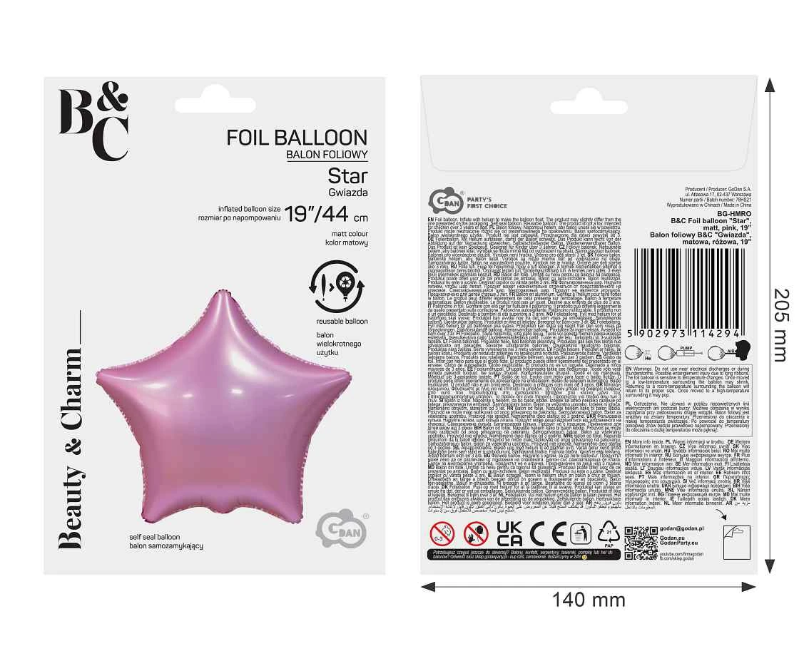 Balon foliowy B&C "Gwiazda", matowa, różowa, 19"