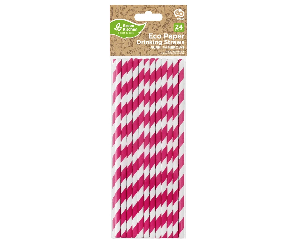 Rurki (słomki) pap. magenta paski, 6x197mm / 24 szt.