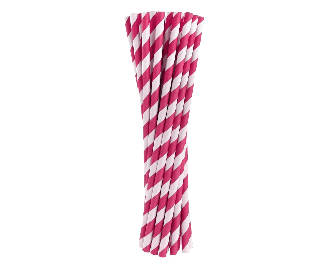 Rurki (słomki) pap. magenta paski, 6x197mm / 24 szt.