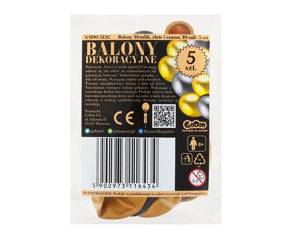 Balony Metalik, złote i czarne, 10 cali/ 5 szt.