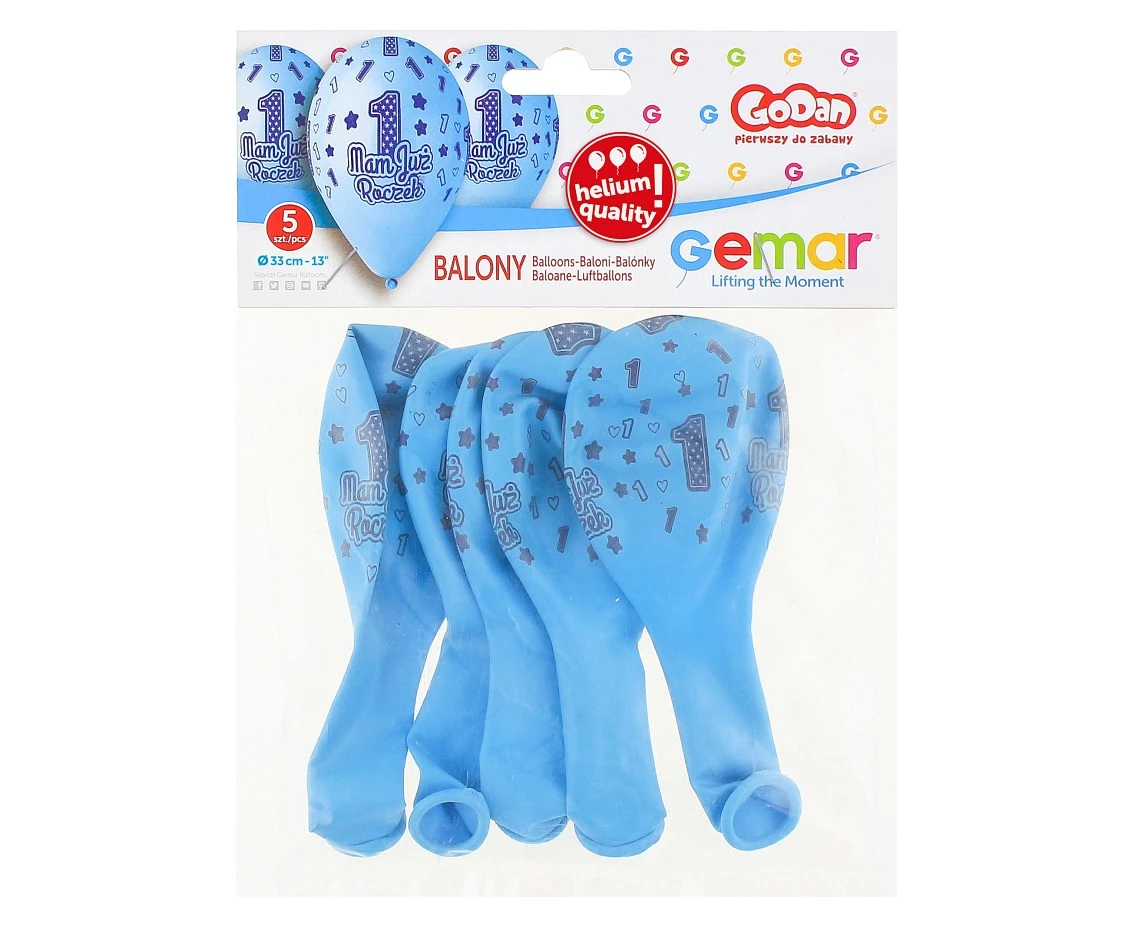 Balony Gemar 13", premium hel mam już roczek, niebieskie, 5szt. KK