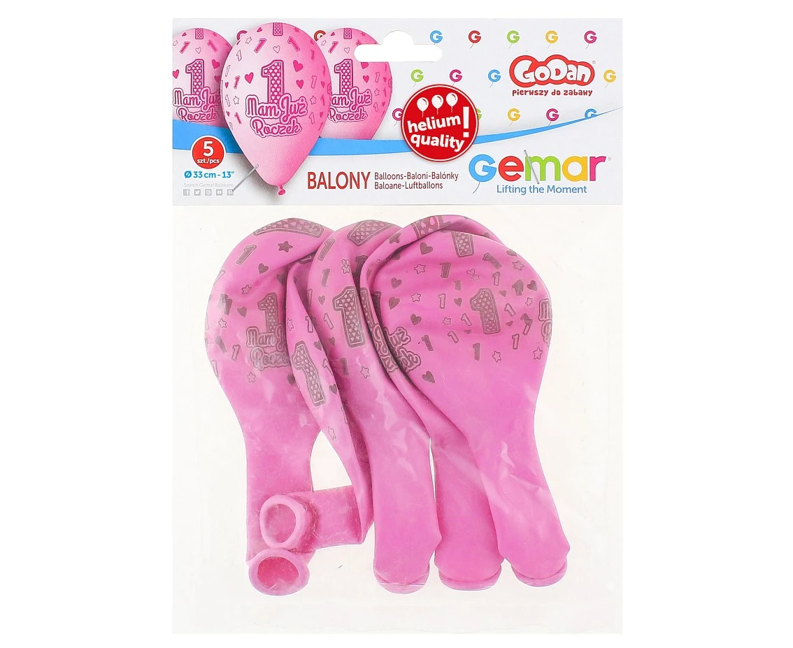 Balony Gemar 13", premium hel mam już roczek, różowe, 5szt. KK