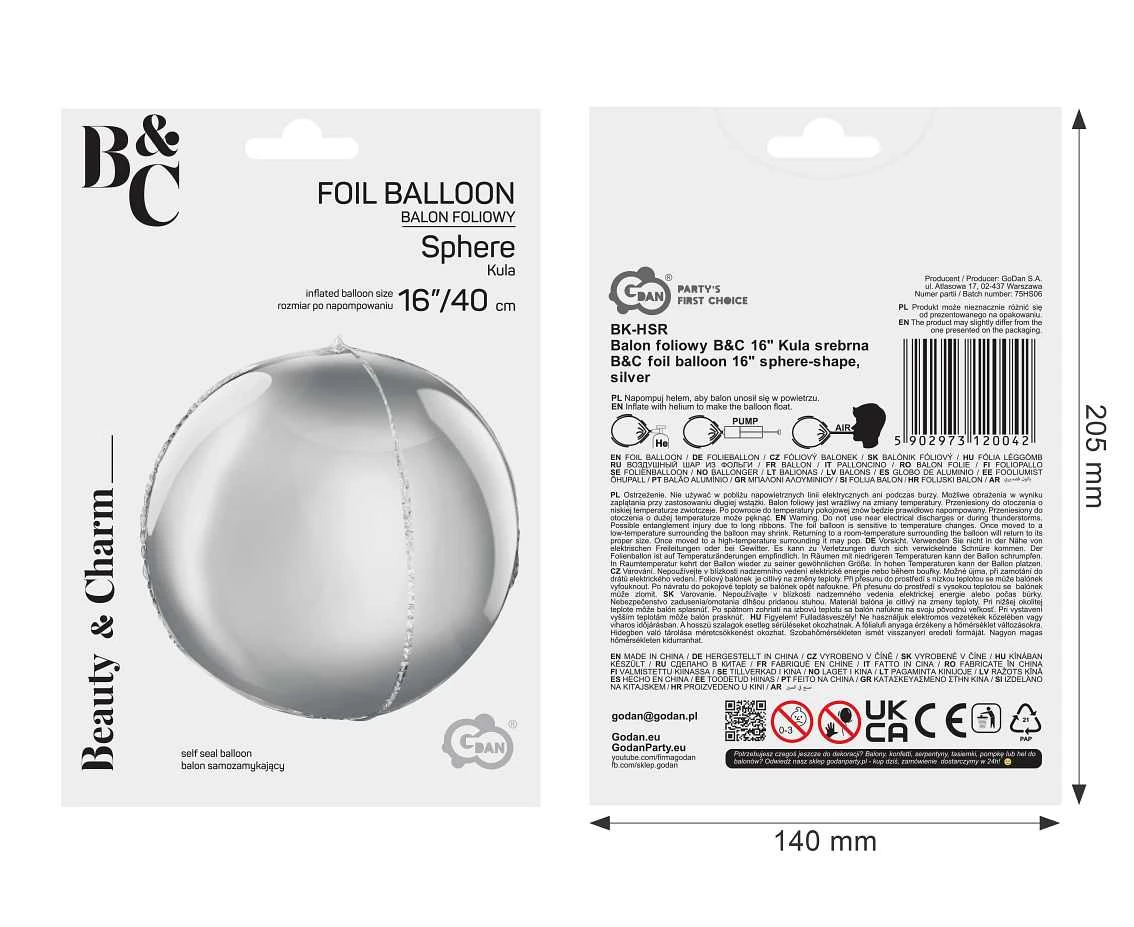 Balon foliowy B&C 16 cali Kula srebrna