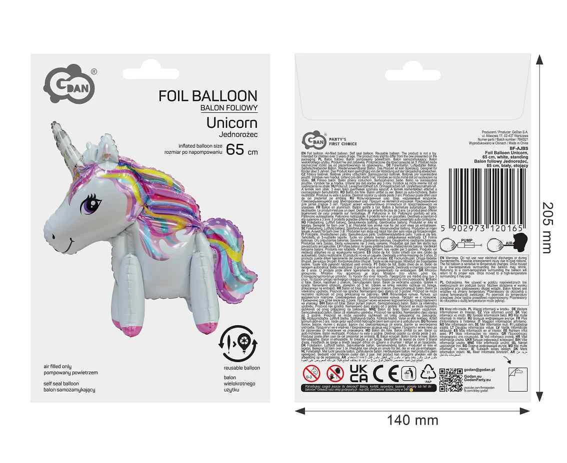 Balon foliowy Jednorożec, 65 cm, biały, stojący